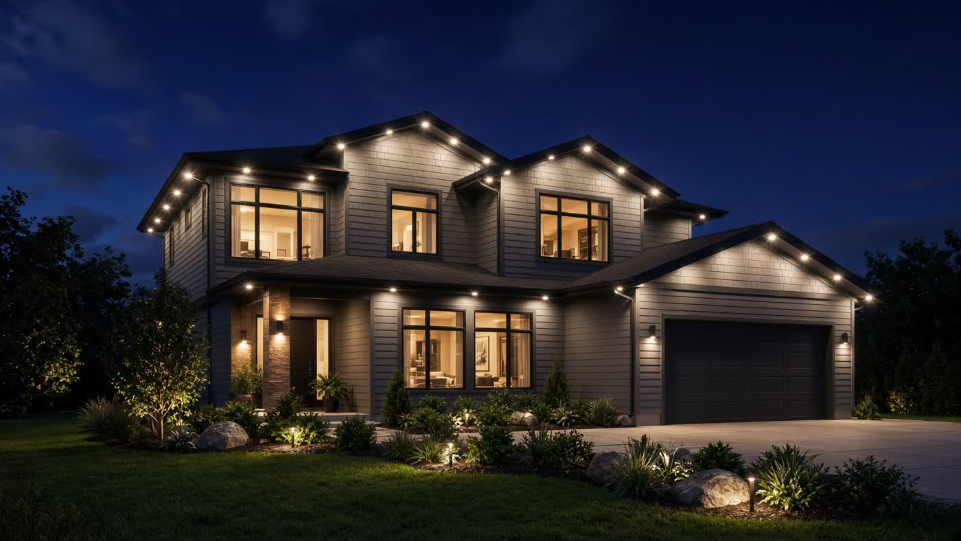 Modern home at night with warm permanent roofline lighting