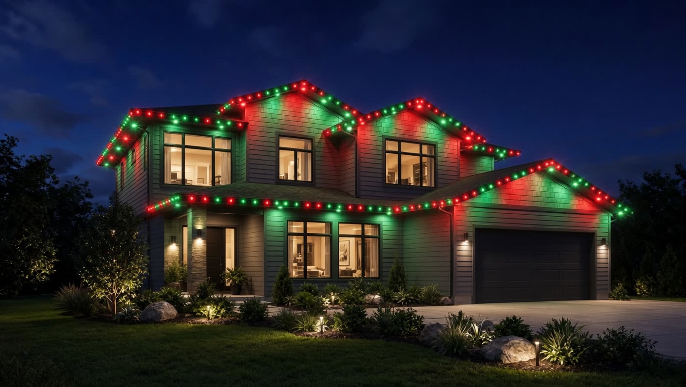 House roofline in Christmas red and green WLED lighting
