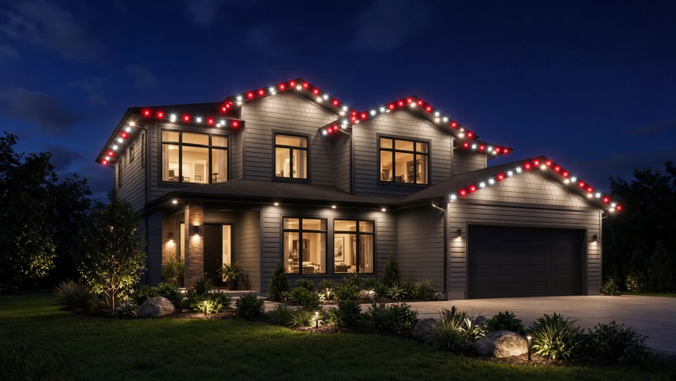 House roofline in red and white game-day WLED lighting