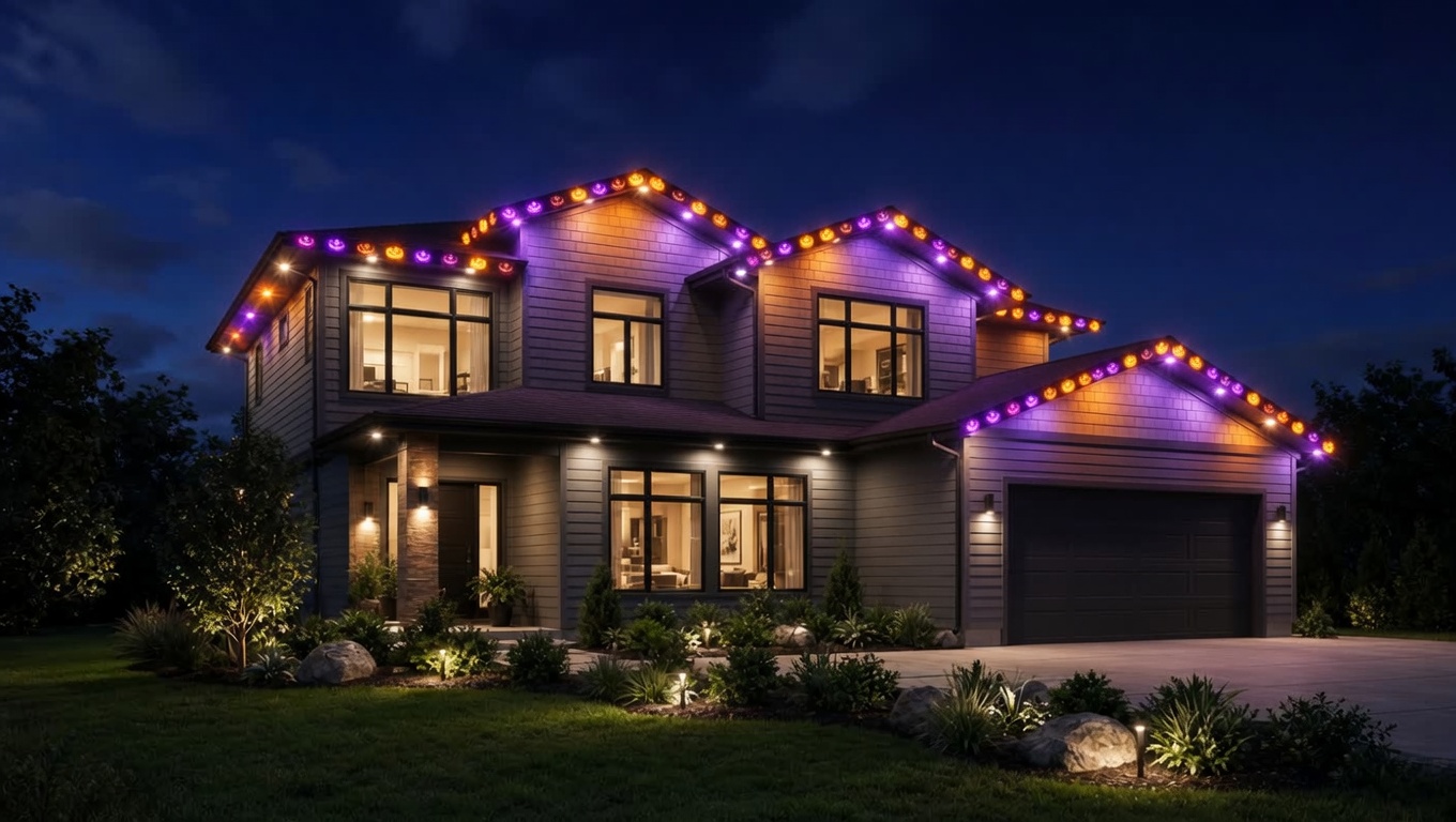 House roofline in purple and orange Halloween WLED lighting
