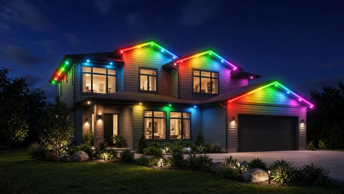 House roofline in a rainbow WLED color chase