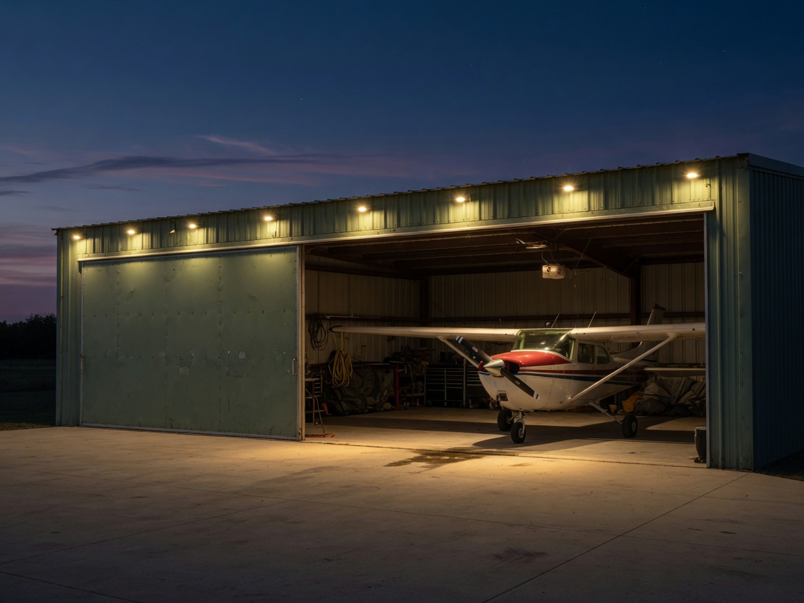 Hangar and airplane with warm puck lighting