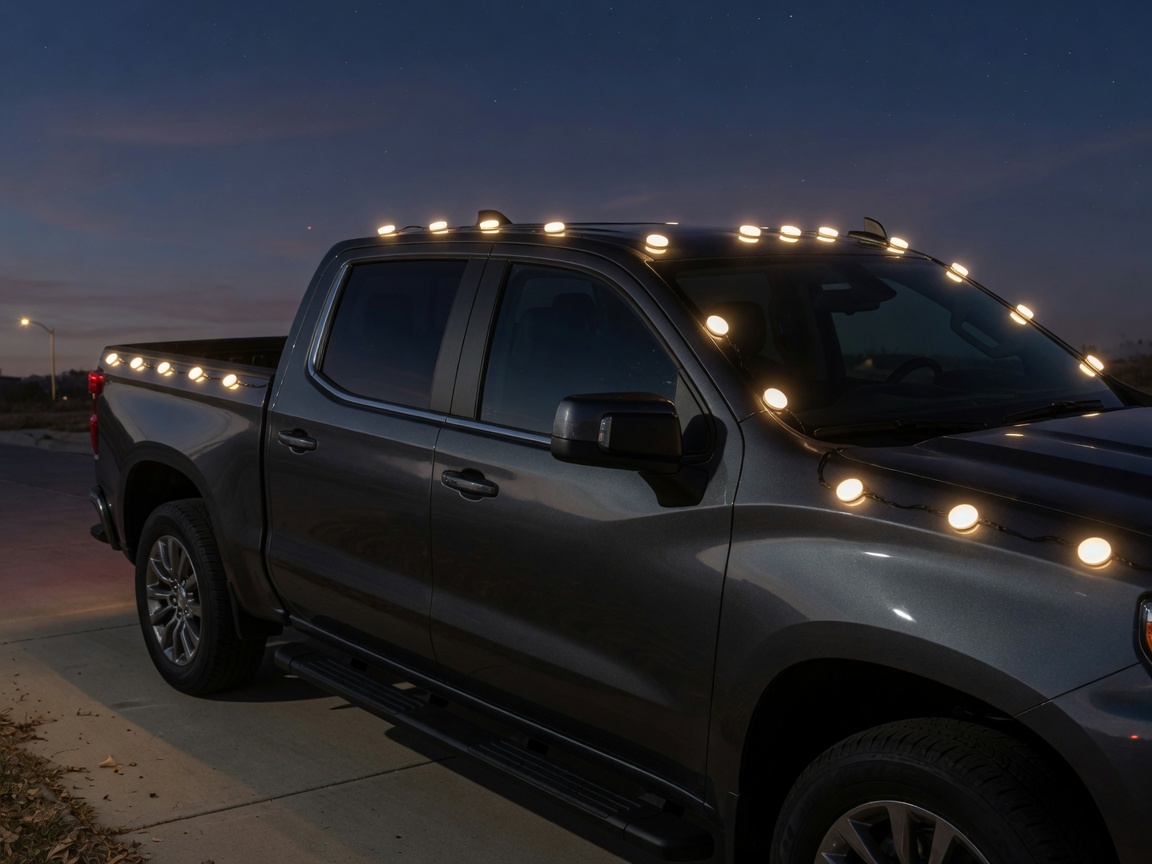 Pickup truck with portable puck lights along the cab and bed
