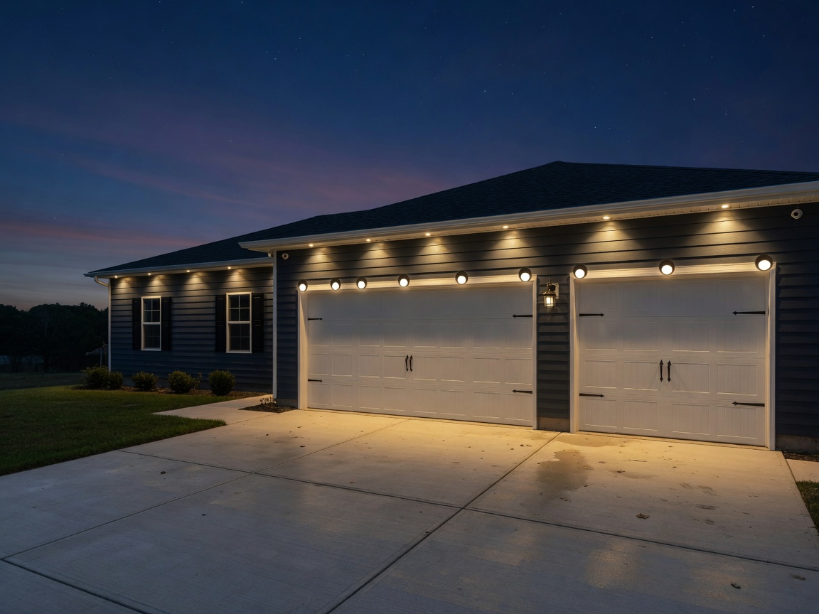 Garage with warm puck lights over the doors