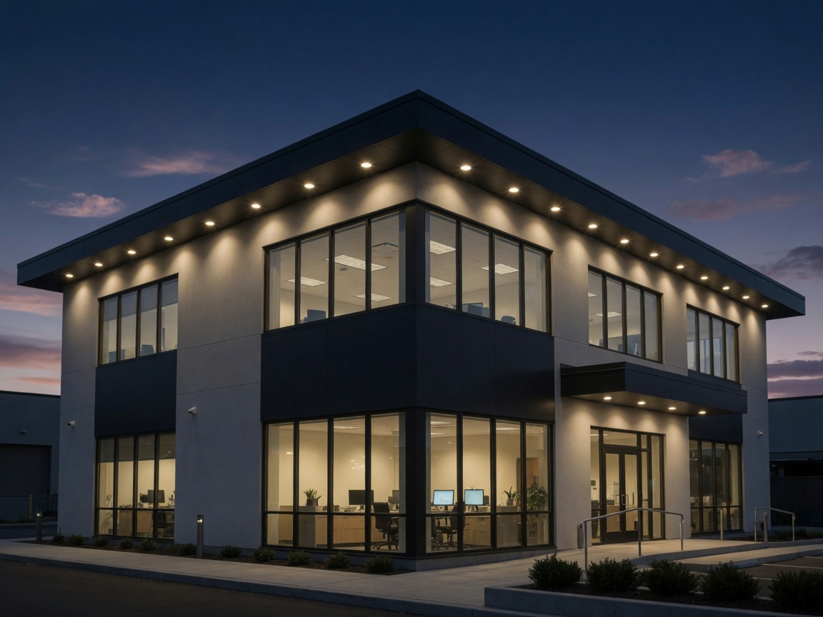 Office building with warm eave lighting