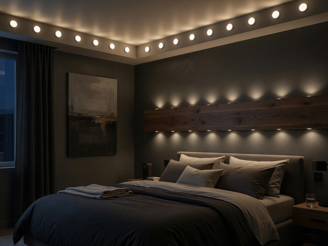 Bedroom with warm cove and headboard puck lighting