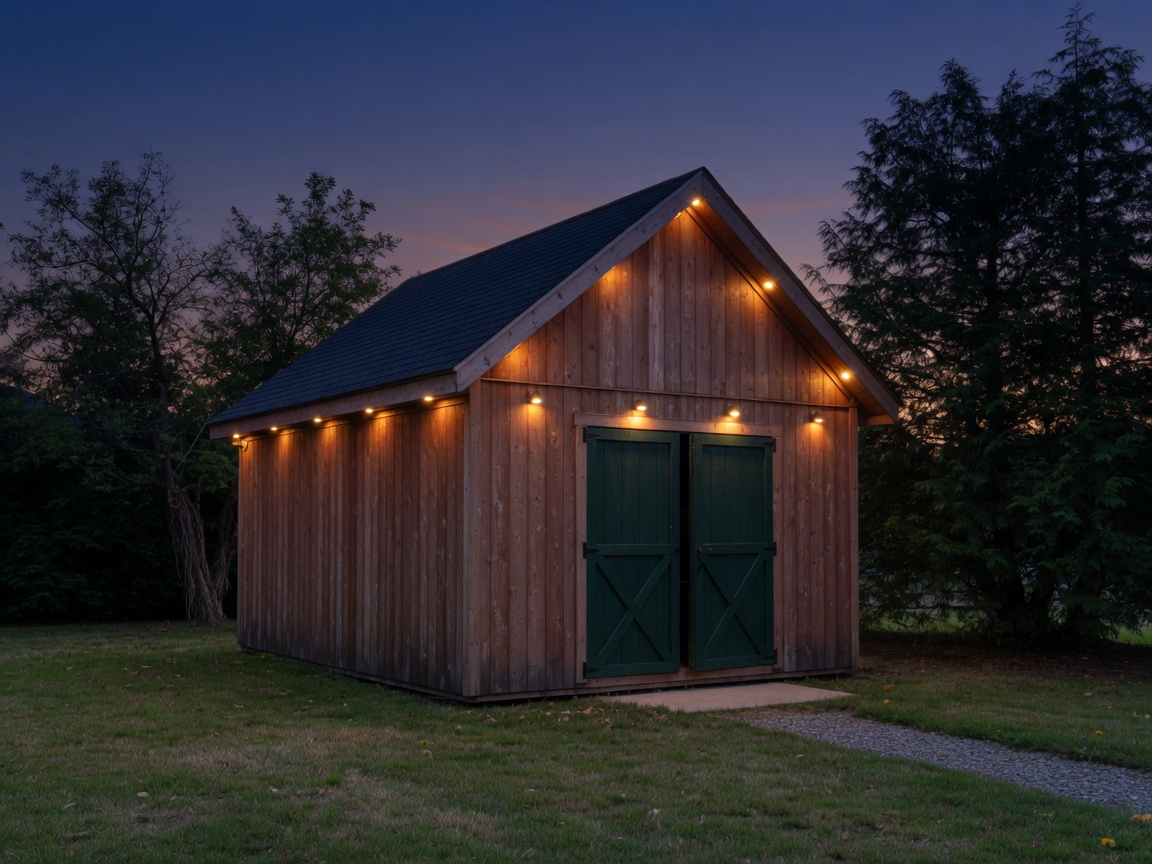 Backyard shed with roofline lighting